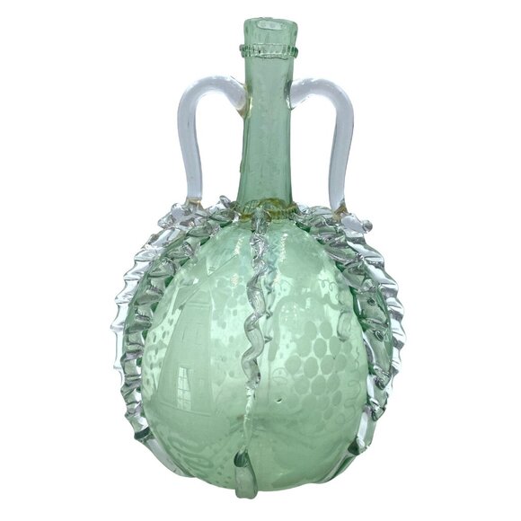 Vintage Green Glass Decanter With Etched Sailboat Design & Clear Swirls - Picture 8 of 11